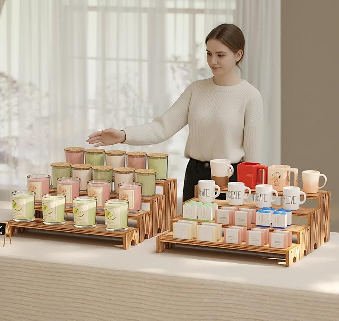 14 Inch Large Wooden Tiered Riser Display Stands, 2 Set Stackable Wooden Cupcake Stand Dessert Table Display Set,Tiered Shelf Organizer,Display Stands Shelf,Vendor Booth Display Items for Vendor Events