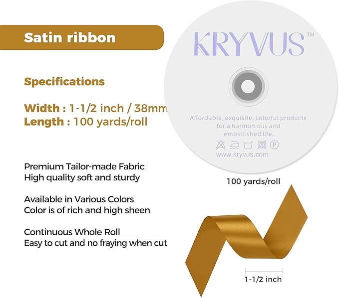 Gold Satin Ribbon 1-1/2 inch X Continuous 100 Yards, Single Face Polyester Ribbon Perfect for Gift Wrapping, Flower Bouquet, Wedding Decor, Crafts, Bow Making, Sewing and More