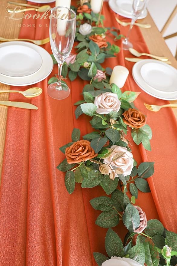 Lookein 5FT Artificial Rose Flower Garland for Table Centerpieces Backdrop Arch Flowers Decorations Wedding Ceremony Reception Table Decor, Terracotta