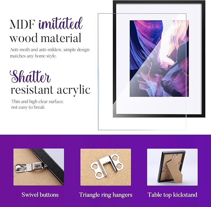 TWING 11x14 Picture Frames Set of 6, Gallery Wall Frame Set Display Photo 8 x 10 with Mat or 11 x 14 without Mat Black Composite Wood Wall Mounting