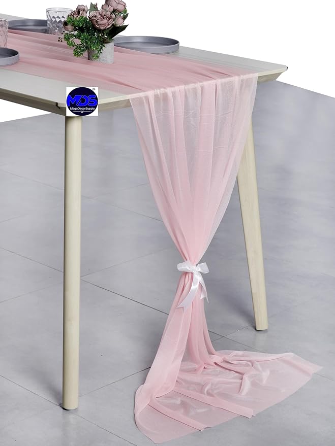 MDS 15 Pack 10ft Chiffon Table Runner 29 x 120 Inches Sheer Wedding Runner Romantic Rustic Table Runner for Wedding Decorations, Birthday Parties, Bridal Shower Party Arch Decor - Blush Pink