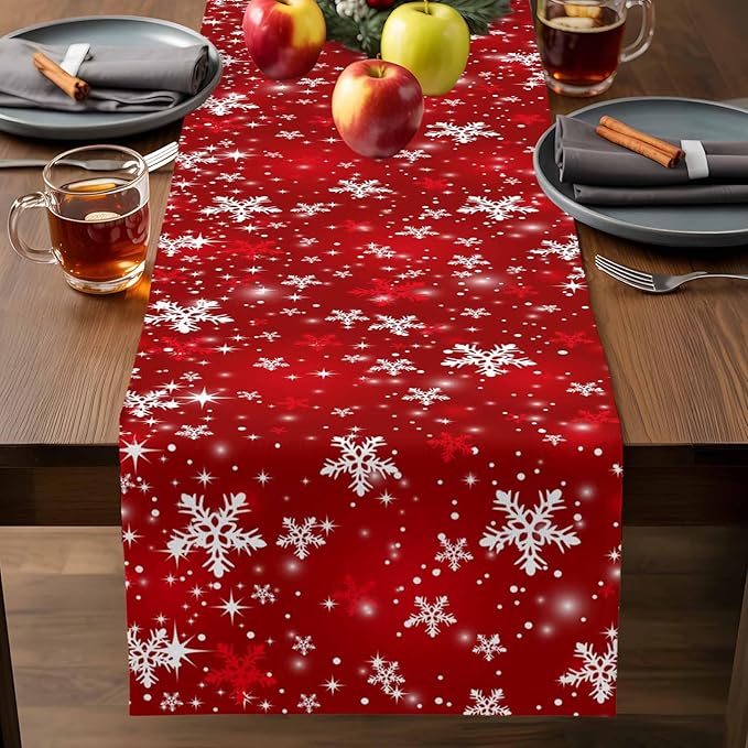 Christmas Snowflakes Cotton Linen Table Runner for Dining Kitchen, Red Xmas Winter Snow Wedding Outdoor Party Tablerunners Decoration, New Year Dresser Scarf Coffee Tablecloth Runners 13x108 Inches