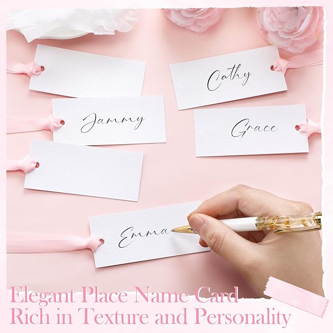 50 Pcs Name Place Cards for Table Setting Blank Wedding Place Cards with Satin Ribbon 1.57 x 3.54 Inch Hanging Gift Tags for Wedding Dinner Banquet Party Table Setting Supplies(Pink)