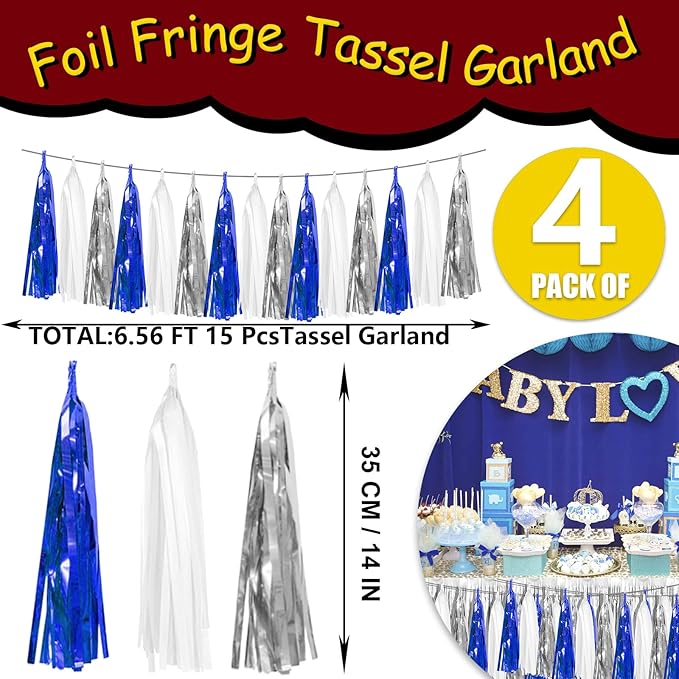 4P Navy Blue White Silver Foil Fringe Tassel Banner Garland Metallic Tinsel Streamers Wall Hanging Curtain Backdrop Banner for Parade Floats, 2024 Graduation Decorations, Retirement Party Decorations