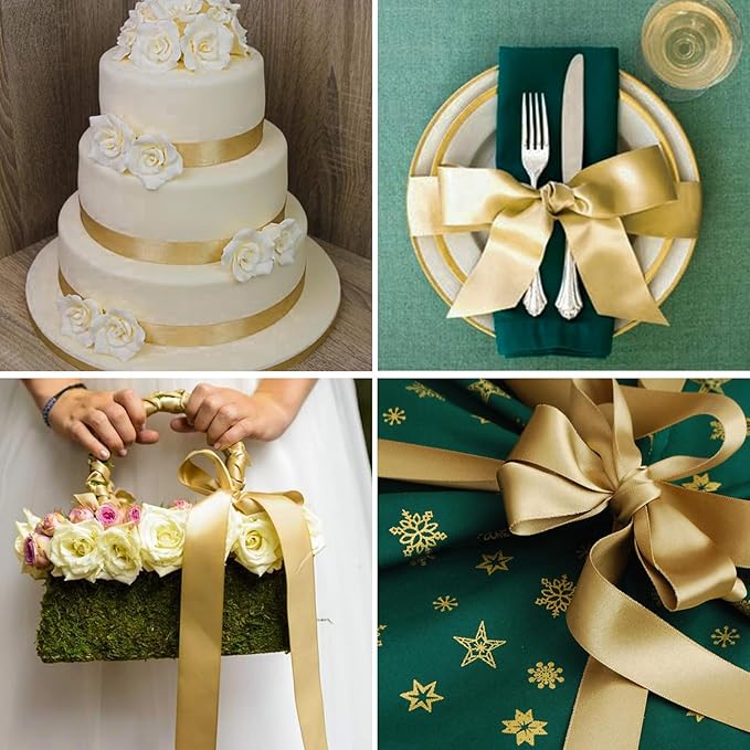5/8 Inch Champaign Gold Satin Ribbon 50 Yards Solid Fabric Ribbons for Gift Wrapping, Crafts and DIY Projects, Bows Making, Wedding, Party, Holiday Decor