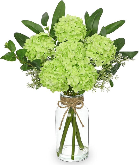 Hollyone Green Hydrangea Artificial Flowers in Clear Glass Vase with Faux Water Silk Hydrangeas Fake Flowers Floral Arrangement for Home Bathroom Kitchen Office Table Centerpiece Shelf Decorations