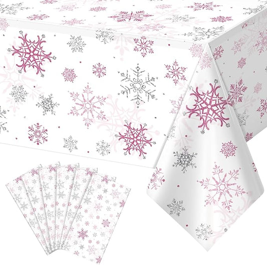 6 Pcs Christmas Snowflake Party Tablecloths Decorations,Plastic Pink Winter Onederland Rectangle Table Cover for Christmas New Year Girls 1st Birthday Baby Shower Holiday Party Decorations,54x108 inch