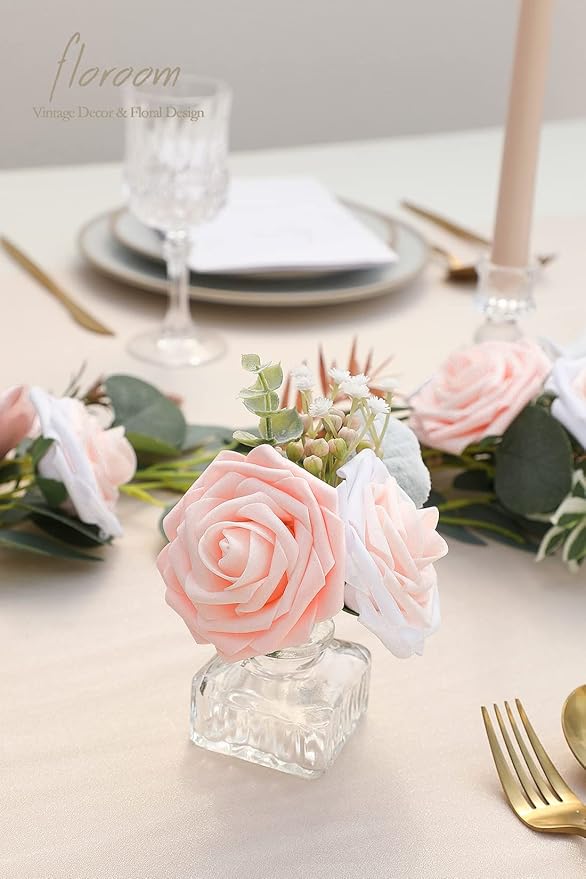 Floroom Artificial Flowers 50pcs Real Looking Blush Shades Foam Fake Roses with Stems for DIY Wedding Bouquets Bridal Shower Pink Centerpieces Floral Arrangements Party Tables Home Decorations