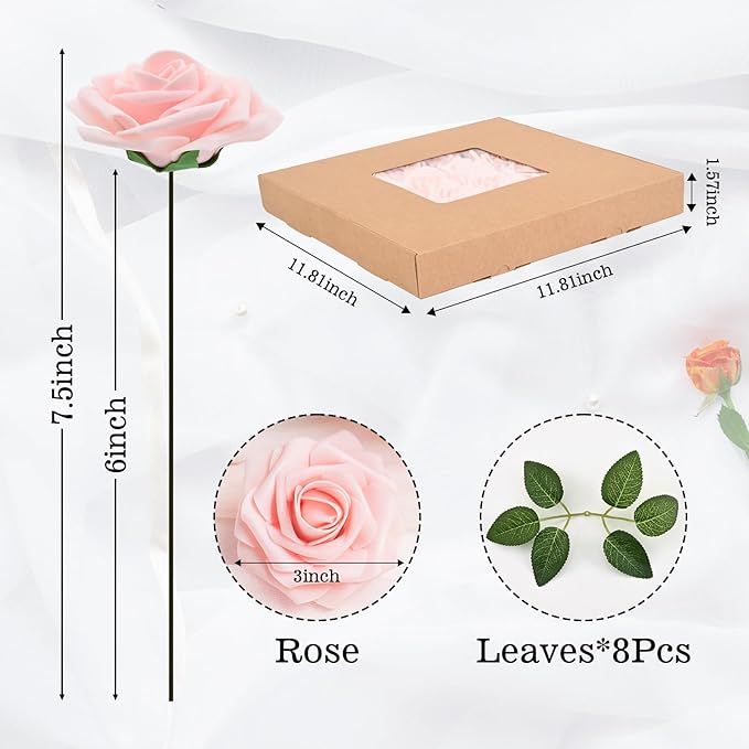 BLEUM CADE 36Pcs Artificial Flowers Fake Roses with Stems, Pink Boxed Foam Roses for DIY Bouquets Centerpieces Wedding Party Arrangement Bridal Shower Decor