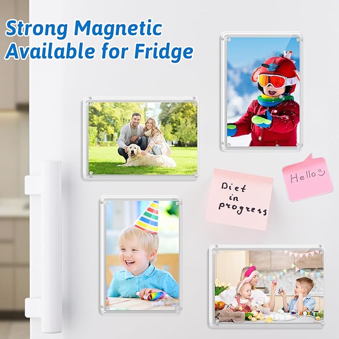 6 Pack Magnetic Picture Frames for Refrigerator 4x6, Acrylic Fridge Magnet Frame, Stylish Clear Framless Photo Frame for Home, Office, School Locker Display
