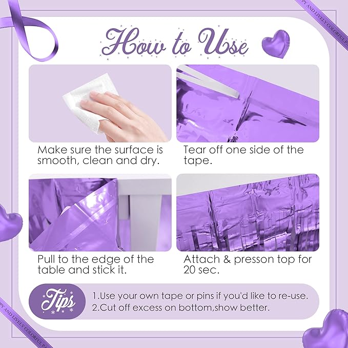 4 Pack Light Purple Table Skirts, 29x108" Metallic Foil Tinsel Fringe Table Skirts for Rectangle Tables Streamer Curtains Backdrop, Party Decorations for Birthdays Weddings Holidays
