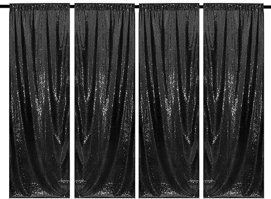 Black Sequin Backdrop Curtains 4 Panels 2FTx8FT Glitter Photo Backdrop Sparkle Background for Birthday Bridal Weeding Halloween Decorations