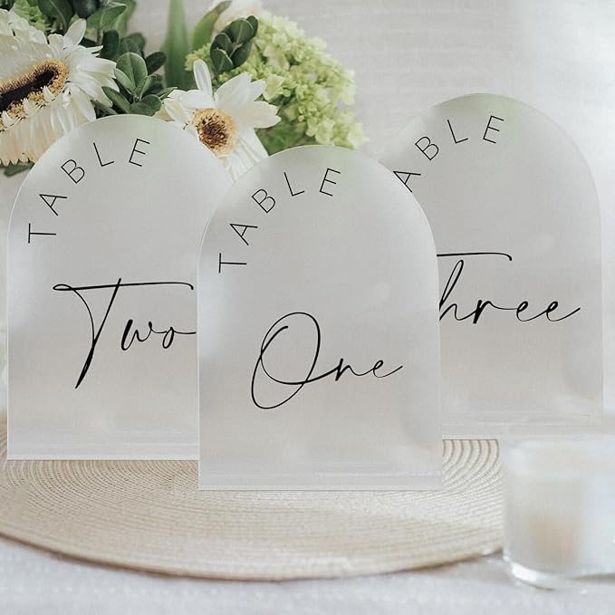 JINMURY Frosted Arch Wedding Table Numbers 1-30 with Stands, 5x7 Inch Frosted Arch Acrylic Sign with Black Letters, Arched Acrylic Table Numbers for Wedding Reception