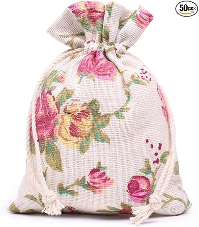 KUPOO 50PCS Rose Drawstring Bags Burlap Flower Pouch Bags Gift Bags Jewelry Pouches for DIY Craft Wedding Party, 5.5X3.9 Inches (5.5X3.9)