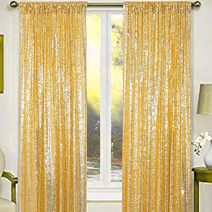 Gold Sequin Backdrop Curtains 4 Panels 2FTx8FT Glitter Gold Drapes Photo Backdrop Party Wedding Baby Shower Curtain Sparkle Photography Background