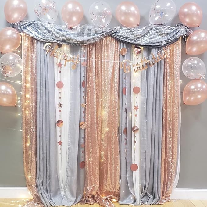 Poise3EHome 2Pcs 3Ft x 8Ft Rose Gold Sequin Backdrop Curtain, Glitter Photography Background, Sequence Xmas Thanksgiving Backdrop for Wedding Party Holiday Festival Decor