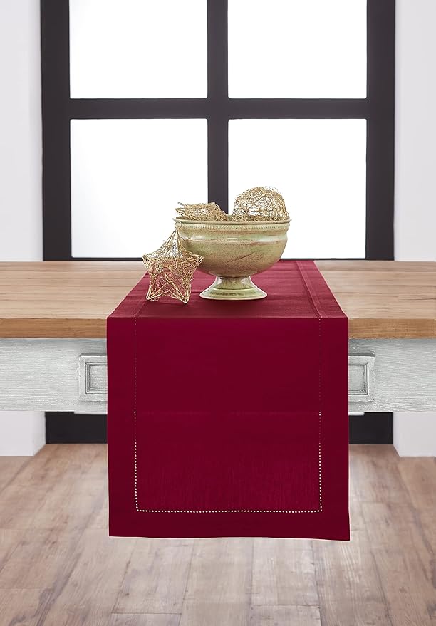 Solino Home Red Hemstitch Table Runner 60 Inches - Cotton Linen Small Table Runner 14 x 60 Inch Ideal for Dresser and Coffee Tables - Fall, Autumn, Halloween, Christmas, Holiday