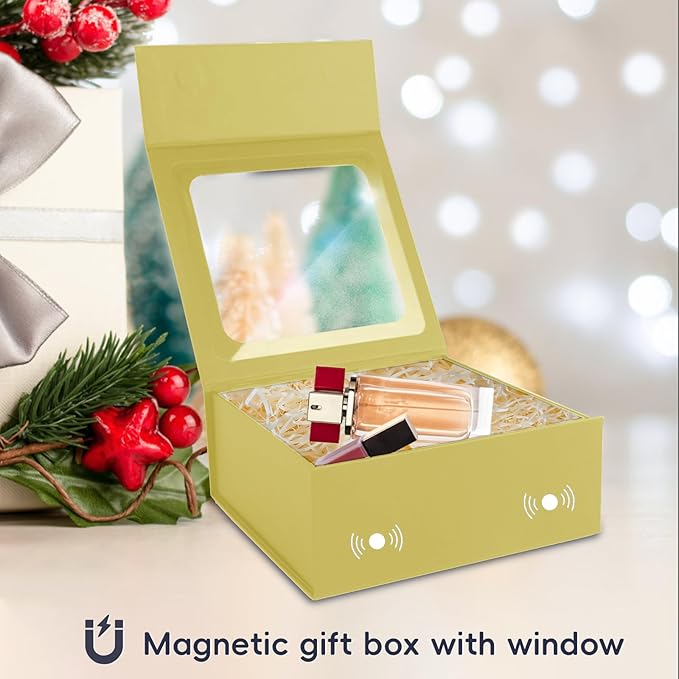 TIACABO Gold Gift Box with Window,7.5"x7.5"x3.1" Bridesmaid Boxe for Gifts Giving,Birthday Gift Boxes with Magnetic,Closure Lid Gifts Boxes for Presents,Cute Box,Luxury for Gift Packaging