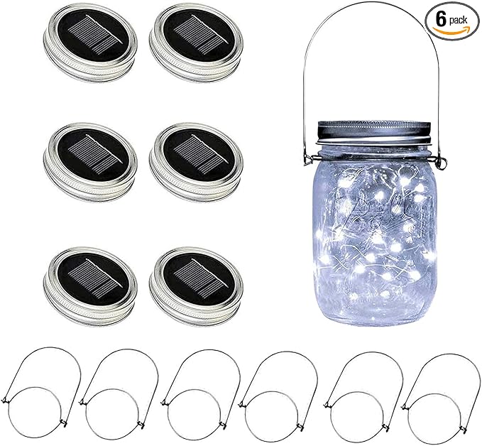 VOOKRY 6 Pack Solar Mason Jar Lights, 30 LED Mason Jar Lids Waterproof Firefly Fairy String Lights with 6 Hangers(No Jars), for Outdoor Patio Garden Yard Lawn Party Wedding Decoration - Cool White
