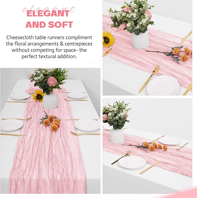 Aktor 4 Pack Pink Table Runner Boho Cheesecloth Table Runner Semi Sheer Gauze Fabric Runners for Wedding Birthday Baby Shower Party Boho Table Decoration（Pink）