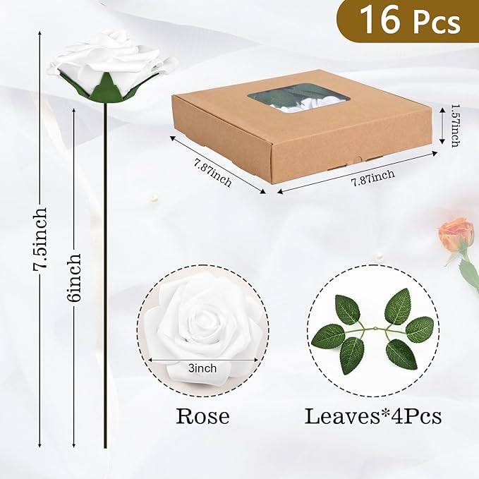 BLEUM CADE 16Pcs Artificial Flowers Fake Roses with Stems, White Boxed Foam Roses for DIY Bouquets Centerpieces Wedding Party Arrangement Bridal Shower Decor