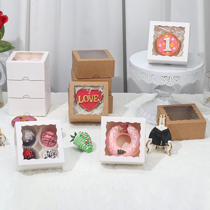50-Count 4x4x2 Food-Safe Elegant White Bakery Boxes - Multi-Use Pastry & Treat Packaging for Cookies, Truffles & Wedding Favors (Stackable Gift Boxes for Cakes, Pies & Cinnamon Rolls)
