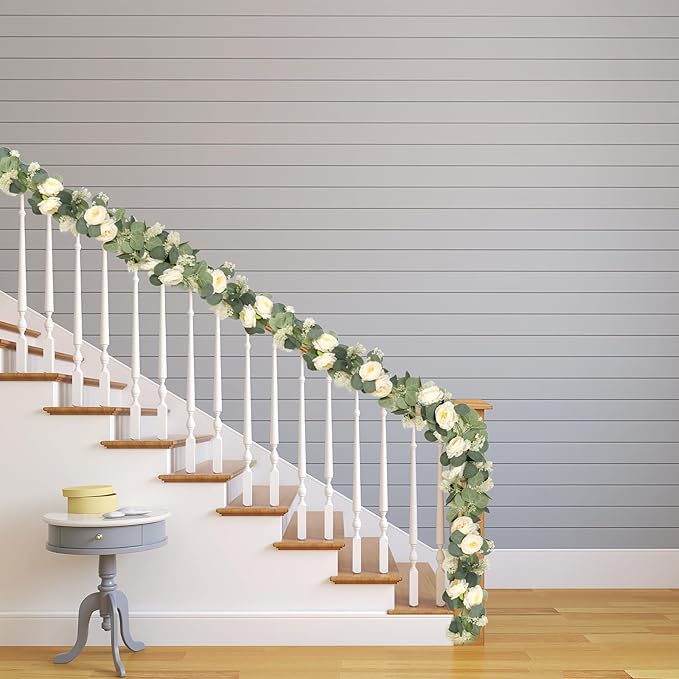 MAKHOT 2PCS 6.6Ft Artificial Eucalyptus Garland, Green Vines and Champagne Artificial Roses Combined to Form an Artificial Rose Garland for Wedding, Table, Party, Fireplace, and Home Decor.