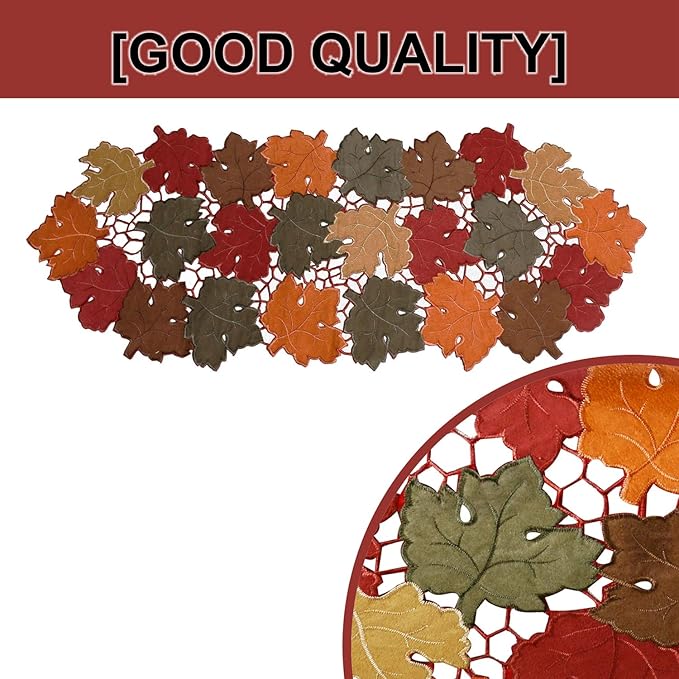 OWENIE Fall Table Runner 36 Inches Long, Short Small Thanksgiving Table Runner for Coffee Table, Embroidered Cutwork Harvest Leaves Autumn Farmhouse Kitchen Decorations , 13 x 36 Inches