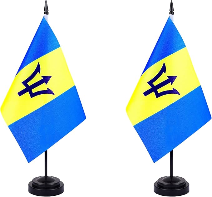 Barbados Desk Flag 12" Solid Pole Deluxe Set Barbadians Flags Banner Mini Small Barbados Office Table Flags with Black Stand Base Desktop Decorations(2Pack)