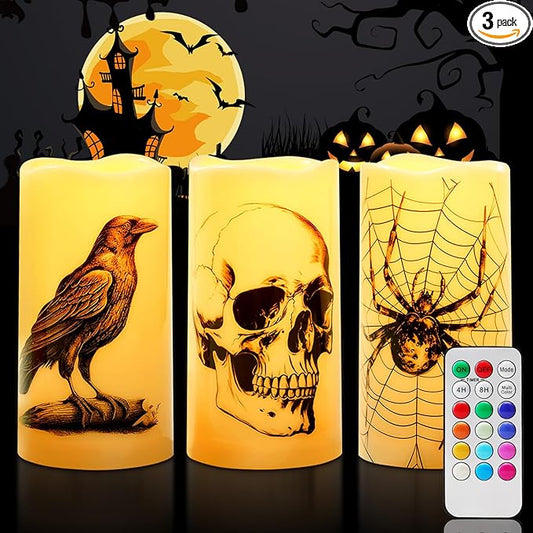 Homemory Halloween Candles, Color Changing Flameless Candle, Battery Opeated Candle, Outdoor Waterproof Plastic Candle with Remote and Timers, Skull, Crow, Spider, 13 Colors, Set of 3