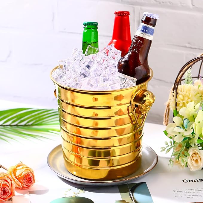Pinkunn 6 Pack Stainless Steel Champagne Bucket 3 Qt Metal Ice Bucket Double Wall Wine Bucket with Handles Party Beverage Chiller for Champagne Beer Cocktail Wine Drinks Home Bar Accessories(Gold)