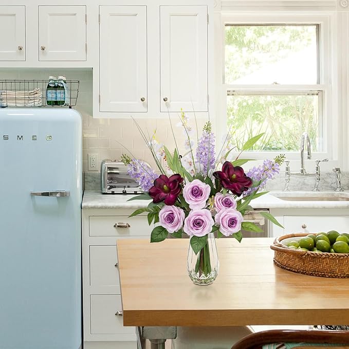 Briful Large Artificial Flowers Floral Arrangement, Mixed Purple Rose, Lilacs, White Orchids Potted Fake Silk Flowers in Clear Vase with Faux Water, Eucalyptus Stem Decor, Elegant Home Office Décor