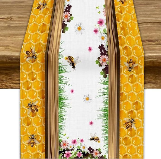 Watercolor Honeycomb Table Runner, Farmhouse Spring Summer Autumn Fall Floral Daisy Bee Print Kitchen Dining Table Decoration for Home Party Decor, 13x120inch