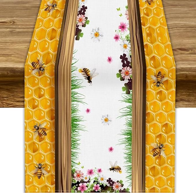 Watercolor Honeycomb Table Runner, Farmhouse Spring Summer Autumn Fall Floral Daisy Bee Print Kitchen Dining Table Decoration for Home Party Decor, 13x90inch