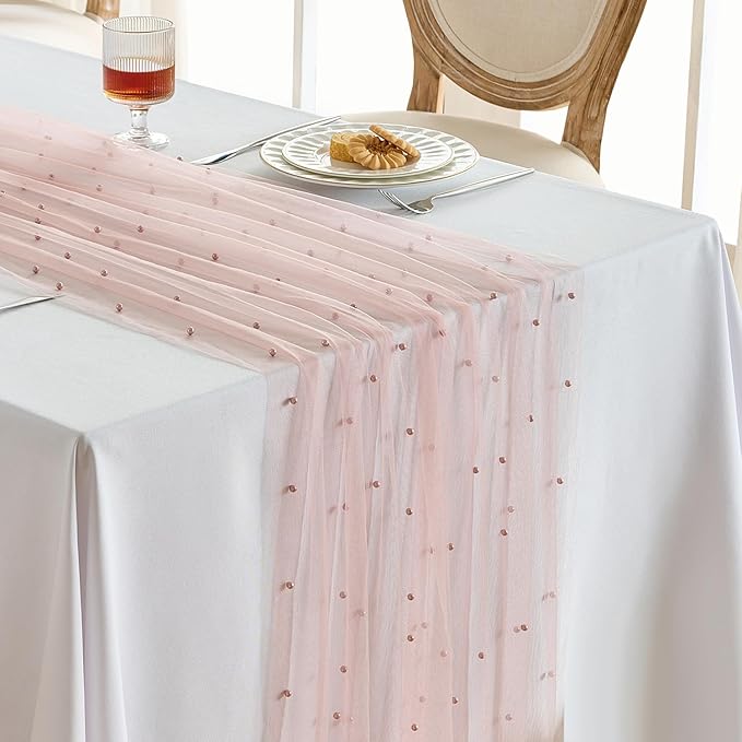 Fanami 3 Pack Pearl Table Runner -10FT Dusty Pink Boho Tulle Table Runners 120 Inches Long Rustic Sheer Lace Fabric Centerpieces for Wedding Arch Birthday Party Bridal Veil Baby Shower Decorations