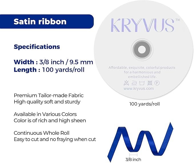 Royal Blue Satin Ribbon 3/8 inch X Continuous 100 Yards, Single Face Polyester Ribbon Perfect for Gift Wrapping, Flower Bouquet, Wedding Decor, Crafts, Bow Making, Sewing and More
