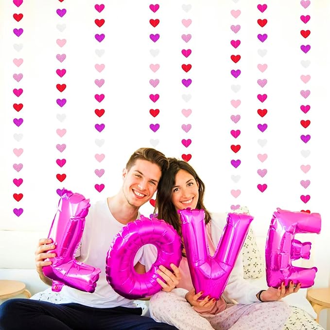 Purple Hot-Pink Red Party-Decoration Heart-Garland - 52ft Galentines Hanging Paper Streamers Banner, Proposal Anniversary Romantic Birthday Baby Shower Rustic Wedding Decor Hugfond
