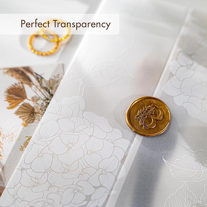 50 Pack Pre-Folded Vellum Jackets for 5x7 Invitations,AZAZA Elegant Translucent Invitation Sleeves,115GSM Vellum Jackets 5x7, Wedding Invitation Accessories, for Weddings Birthdays, Hydrangea Floral
