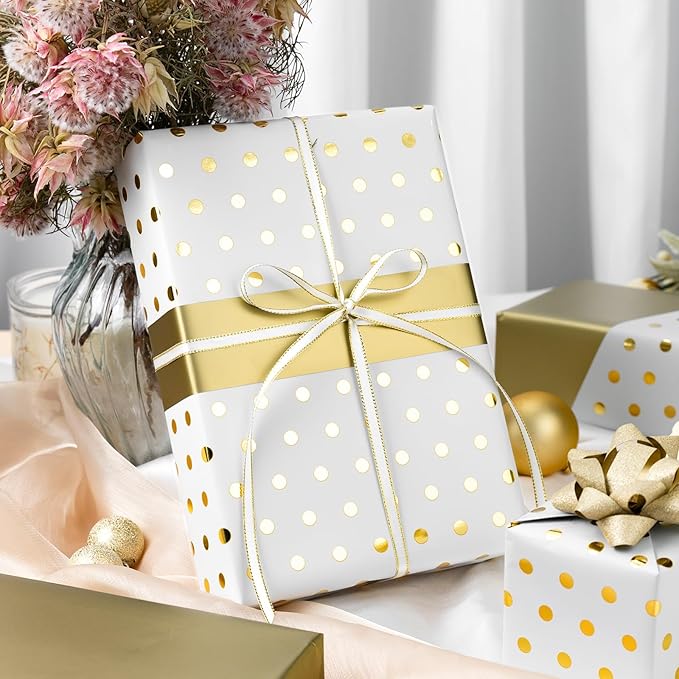 Flyhill Reversible Wrapping Paper-Mini Roll,Gold Foil and Polka Dot Design for Birthday,Holiday,Party,Baby Shower (17 Inch X 32.8 Feet)