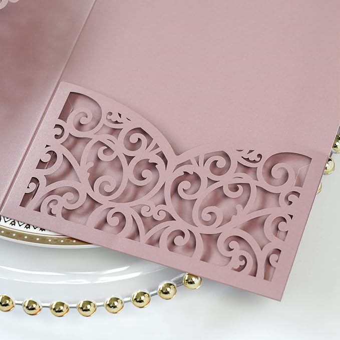 PONATIA 5.12 x 7.2 Dusty Rose Laser Cut Wedding Invitations, 5x7 Trifold Laser Cut Invitation Pockets with Envelopes for Wedding Bridal Shower Engagement Quinceanera Invitations (20PCS No Inner Sheet)