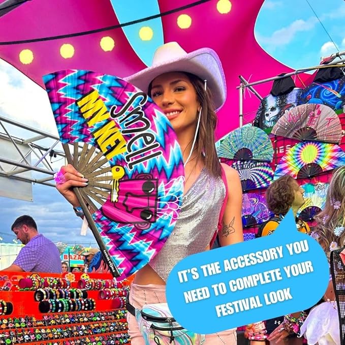 Kandies World Custom Festival Folding Hand Fan - Unique Designs, Made of Bamboo, Clacking Sound, Lightweight - Perfect Rave and Festival Accessory!