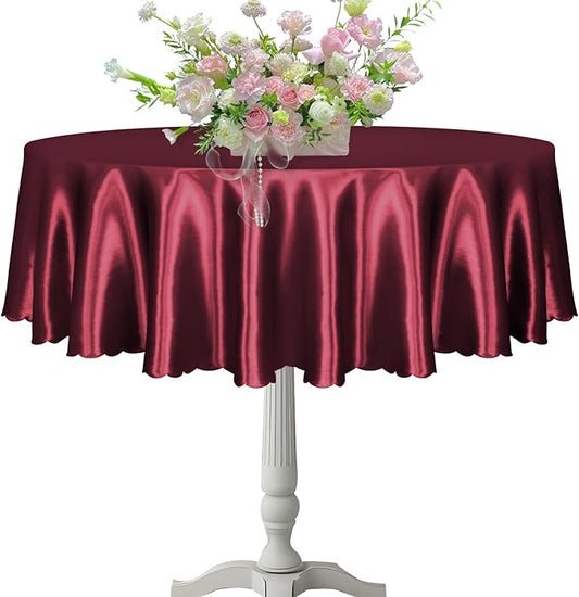 KKJIAF 1 Pack 60 Inch / 5ft Round Table Cloth, Burgundy Overlay Round Satin Table Cover, Silky Satin Dining Tablecloths for Wedding Buffet Parties Banquet Decoration