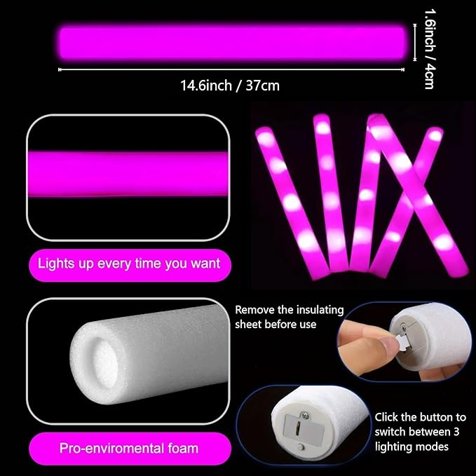 Glow Foam Sticks Bulk, 24 Pcs Pink Giant LED Light Up Sticks 3 Modes Flashing Glowing Baton Wands Party Supplies for Wedding, Raves,Concert,Birthday,Christmas, Halloween,Sporting Events