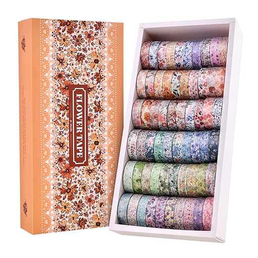 60 Rolls Flowers Theme Washi Tape Set with Different Colorful Patterns, Writable Decorative Tapes for Scrapbooking, Bible Journaling, Bullet Journaling, 0.39'' x 79'' per Roll