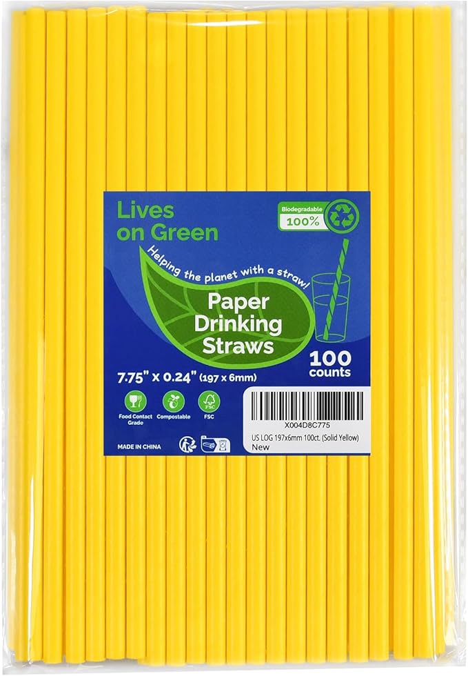 Solid Yellow Disposable Paper Drinking Straws 7.75 inch 100 Counts - for Beverage, Birthday, Party, DIY Arts Crafts