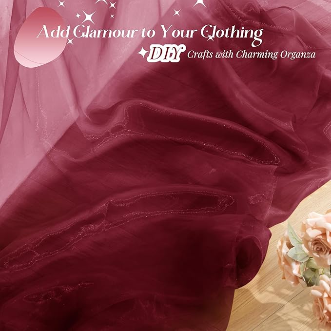 P Pothuiny Sheer Organza Fabric by The Yard, 3 Yards x 60 Inch Wide Bridal Burgundy Organza Tulle Fabric Roll Shiny Gauze Fashion Dress Sewing Craft for Wedding Party Decorations Backdrop