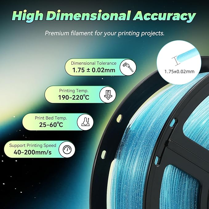 FLASHFORGE Translucent Glitter PLA Mermaid Tears Filament, Shiny Sparkling Gradient 3D Printer Filament, Fast Color Change Between Pale Blue and Light Blue, Adjustable Transparency