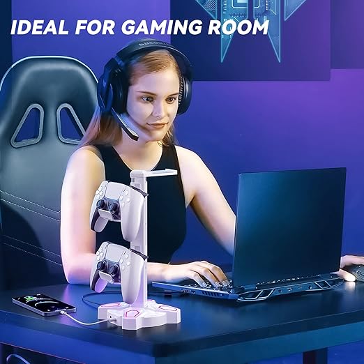 KDD Gaming Headphones Stand, Rotatable Headset Stand with Light Modes - Controller Holder with 2 USB Charging Ports and 3.5mm - Earphone Hanger Accessories for Desktop Gamer(White)