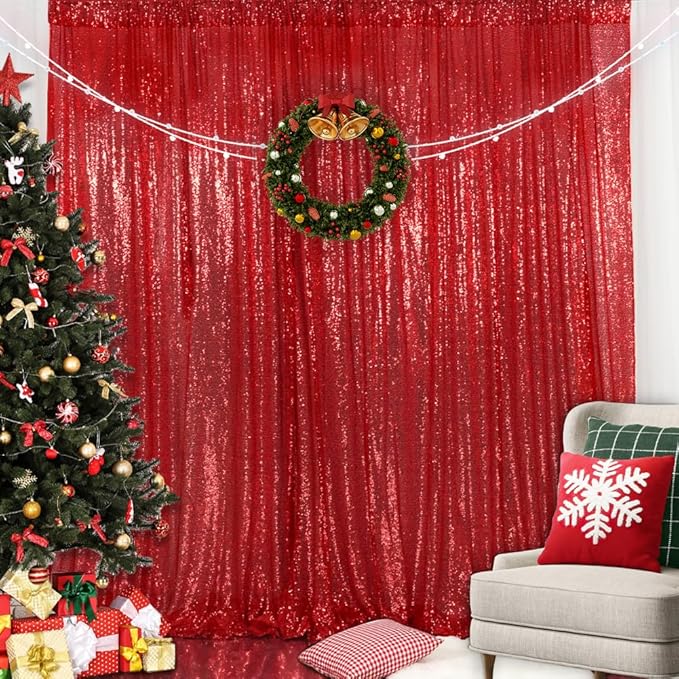 SquarePie Sequin Backdrop 10FT x 10FT Red Curtain Background for Wedding Party Decoration