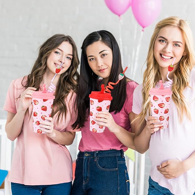 Yungyan 16 Sets Strawberry Party Favors Goodie Cups with Lids and Straws for Birthday Decorations Reusable 16oz Plastic Candy Cups Plastic Straws for Birthday Party (Strawberry)